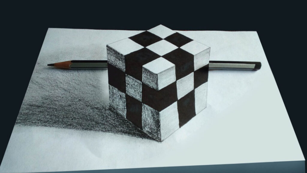 3D pencil sketch of a checkered cube with a pencil and shadow on white paper