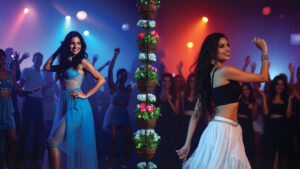Beautiful Indian women dancing on stage in a nightclub, wearing blue and white outfits, with a joyful crowd in the background.