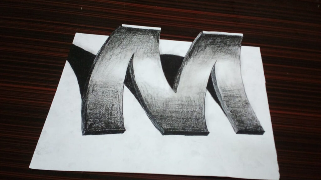 3D pencil sketch of the letter "M" on white paper with shadow effect