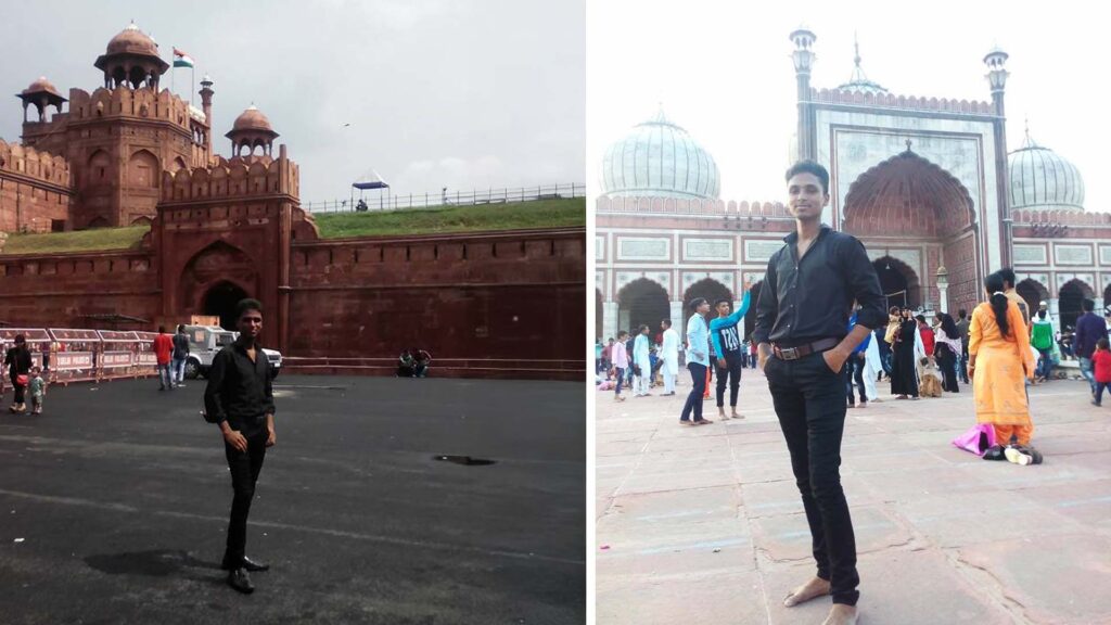 Asgar Molla posing in front of Red Fort and Jama Masjid in Delhi, India.