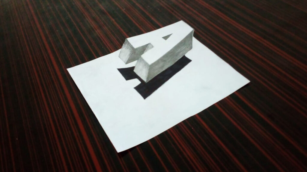 3D pencil drawing of the letter "A" appearing to pop out from a flat white paper