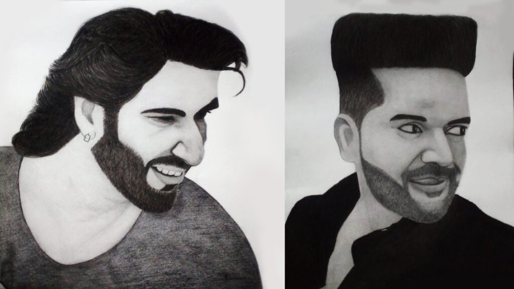 Pencil sketches of Guru Randhawa with a tall hairstyle and Harrdy Sandhu with long hair and a beard, both smiling.
