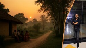 A man stands confidently indoors in formal attire, juxtaposed with a rural village scene at sunset where a family sits outside a mud hut along a dirt path lined with bamboo.