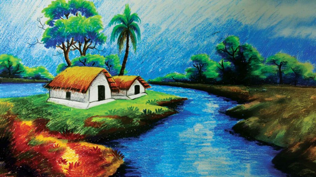 Riverside village with thatched huts, palm trees, and a flowing river under a blue sky, created using oil pastel paintings.