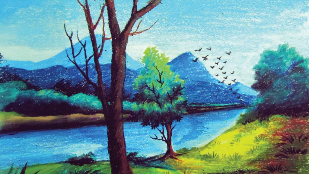 A scenic riverside landscape with trees, mountains, and flying birds, created using oil pastel paintings.