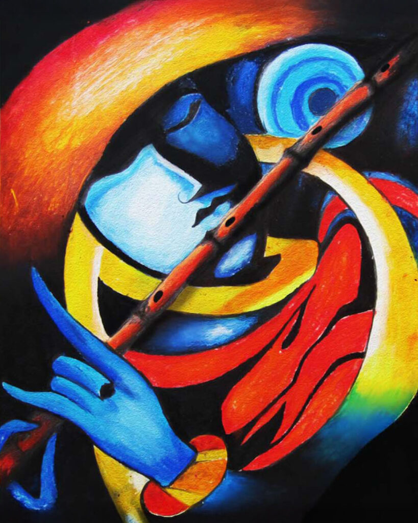 Abstract Lord Krishna playing flute in vibrant blue, red, and yellow shades, created using oil pastel paintings.