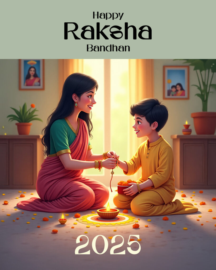 Sister tying Rakhi to her younger brother during Raksha Bandhan 2025 at home with diya and marigold decorations.