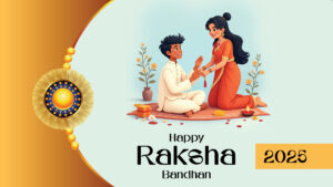 Brother and sister celebrating Raksha Bandhan 2025 with traditional Rakhi ceremony, gifts, and flowers.