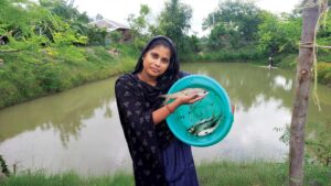 A Bengali village woman standing by a pond, holding a blue basin filled with freshly caught fish, in the Sundarbans region of India, showcasing Bengali culture and food.
