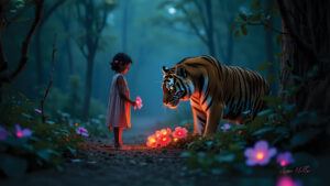 A little barefoot girl holding a glowing joba ful (hibiscus) faces a Royal Bengal Tiger in an enchanted forest path, surrounded by glowing purple flowers.